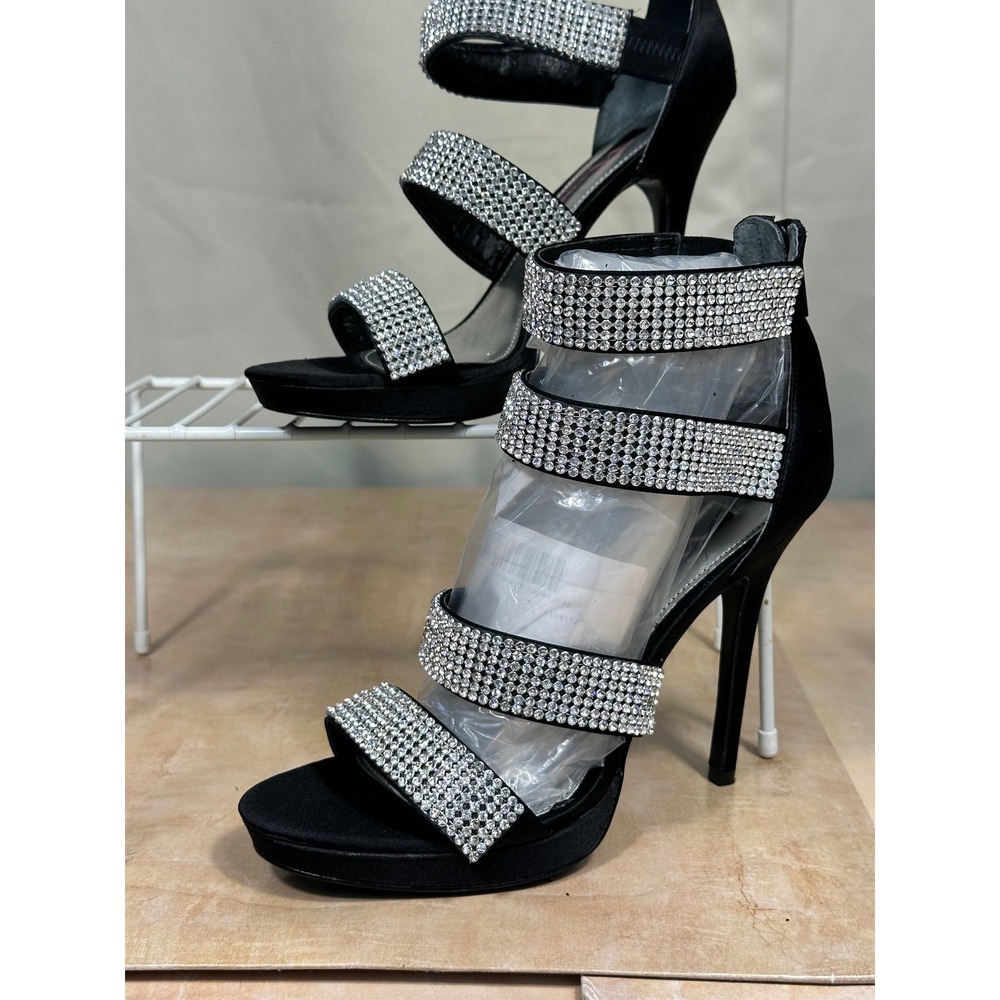 Nina New York Black Satin Rhinestone Strappy Stiletto Heels Sandals Womens 7M‎